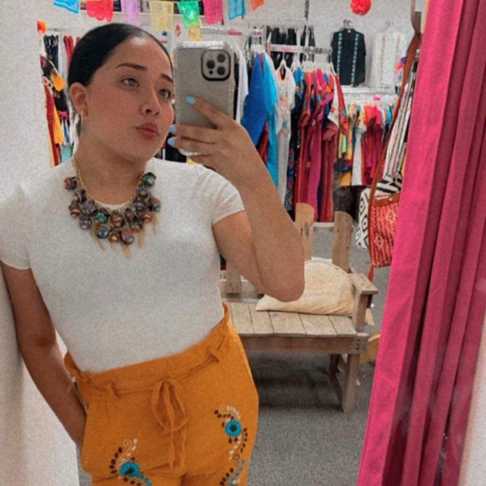 Mexican Mustard Rayon Floral Embroidered Drawstring Pants - Picture 2 of 3